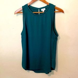 J Crew forest green shell size 12 with neck & shoulder trim detail 100% poly NWT